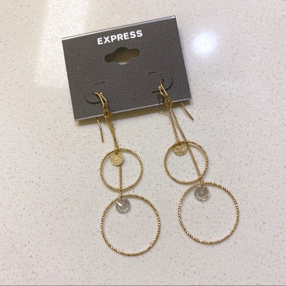 Gold Double Circle Crystal Drop Earrings - Picture 2 of 4